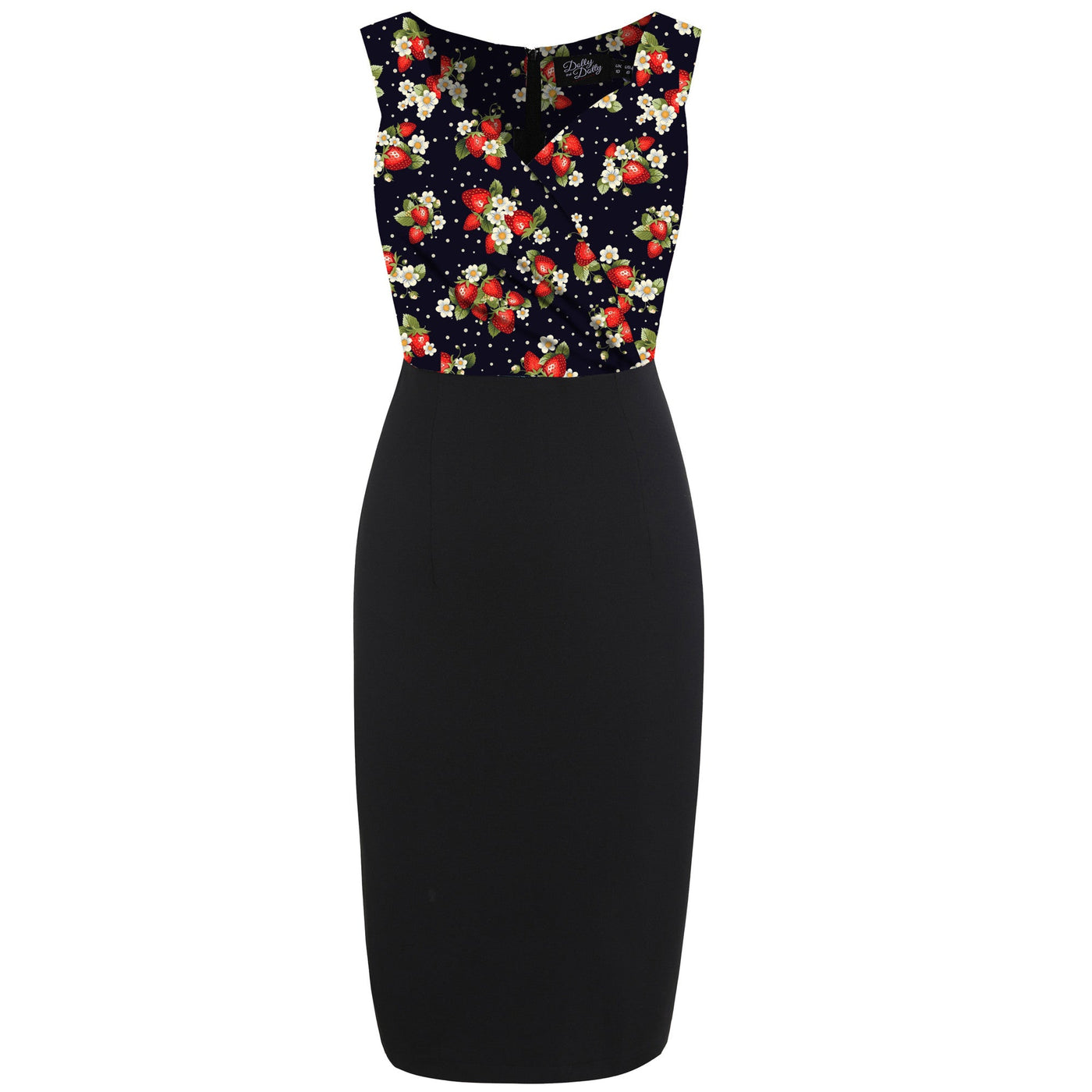 PRE-ORDER Cheryl Fitted Glam Vintage Strawberry & Polka Print and Black Skirt