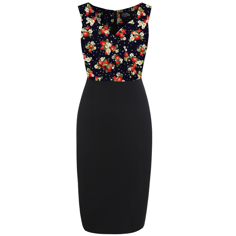 PRE-ORDER Cheryl Fitted Glam Vintage Strawberry & Polka Print and Black Skirt