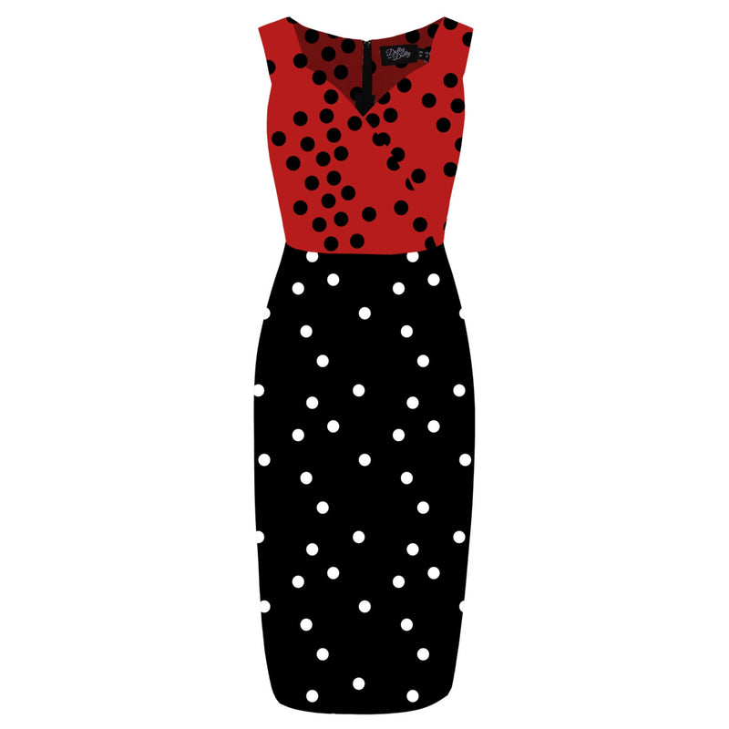 PRE-ORDER Cheryl Fitted Glam Vintage Red top with White & Black Polka Print