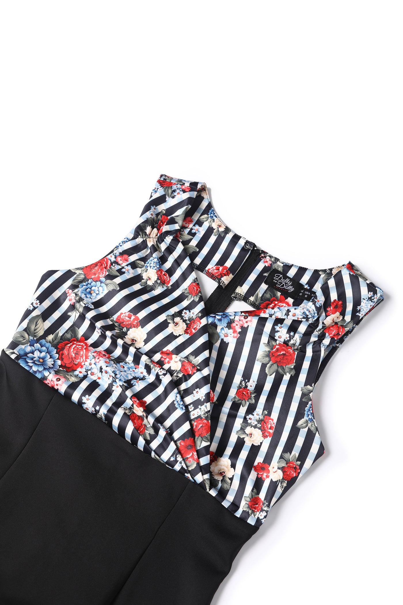 EU STOCK Cheryl Fitted Glam Vintage Striped Floral Print & Black Skirt