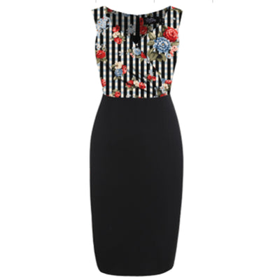 PRE-ORDER Cheryl Fitted Glam Vintage Striped Floral Print & Black Skirt