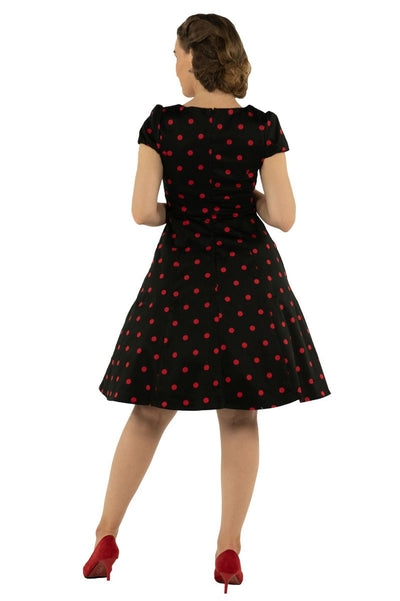 PRE ORDER Claudia Flirty Fifties Style Polka Dot Dress In Black & Red