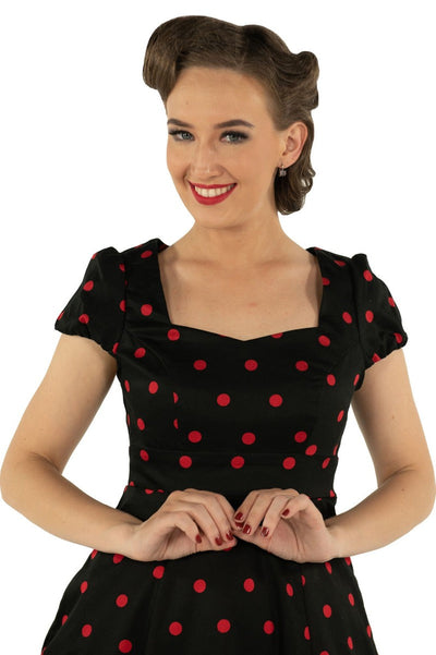 PRE ORDER Claudia Flirty Fifties Style Polka Dot Dress In Black & Red