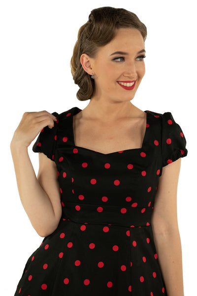 PRE ORDER Claudia Flirty Fifties Style Polka Dot Dress In Black & Red