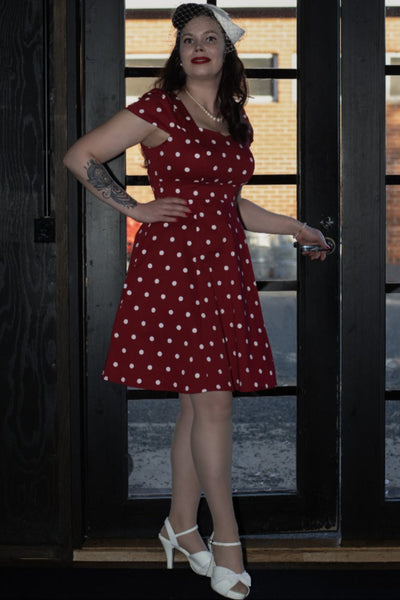 EU STOCK Claudia Flirty Fifties Style Polka Dot Dress In Burgundy/White