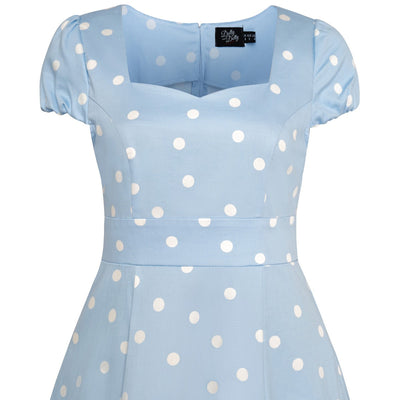 PRE ORDER Claudia Flirty Fifties Style Polka Dot Dress In Pale Blue/White