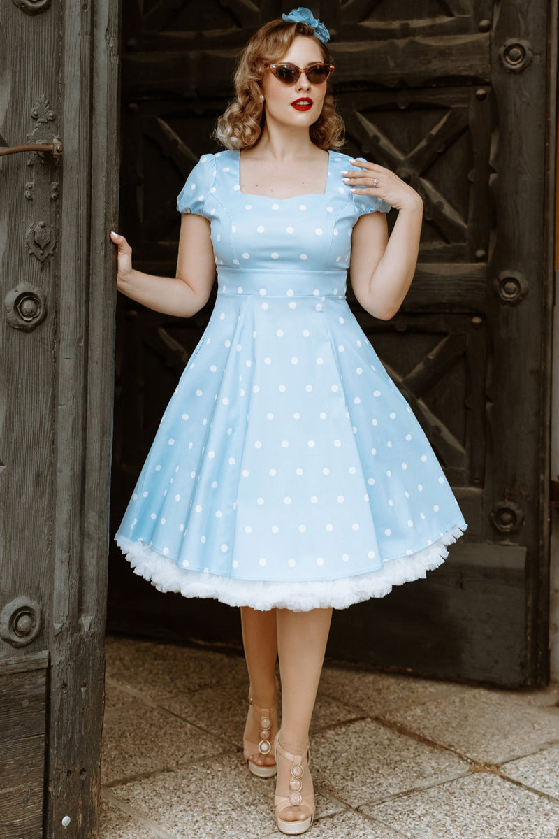 PRE ORDER Claudia Flirty Fifties Style Polka Dot Dress In Pale Blue/White