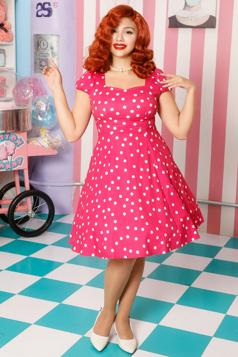EU STOCK Claudia Flirty Fifties Style Polka Dot Dress In Hot Pink/White