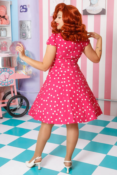 EU STOCK Claudia Flirty Fifties Style Polka Dot Dress In Hot Pink/White