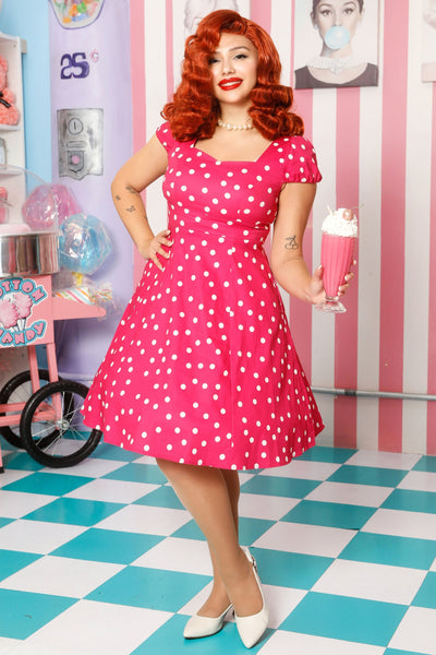 EU STOCK Claudia Flirty Fifties Style Polka Dot Dress In Hot Pink/White