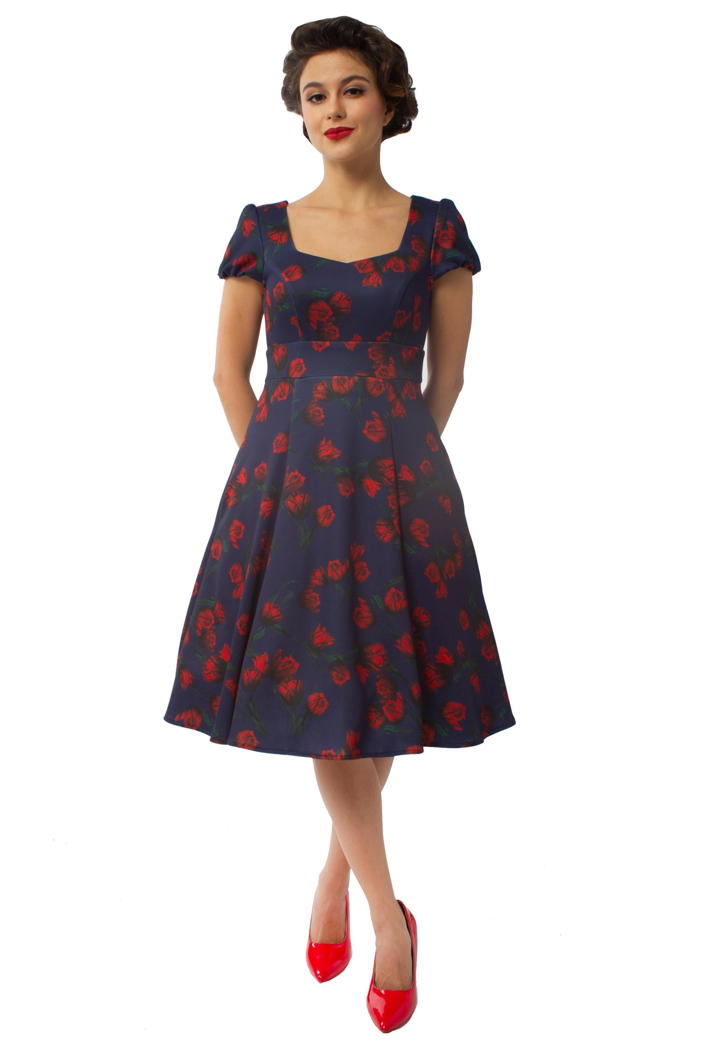 EU STOCK Claudia Fifties Style Vintage Inspired Dress Navy with Red Flowers