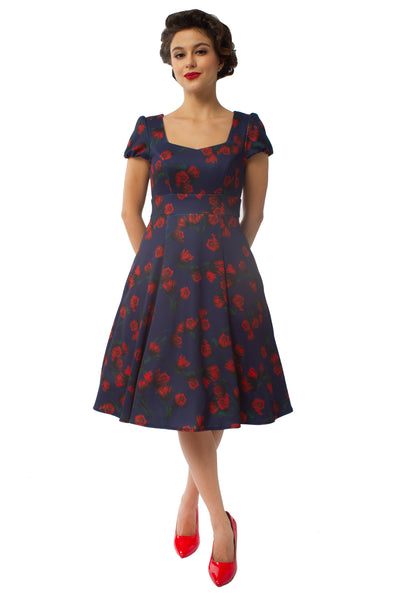 Claudia Fifties Style Vintage Inspired Dress Navy with Red Flowers