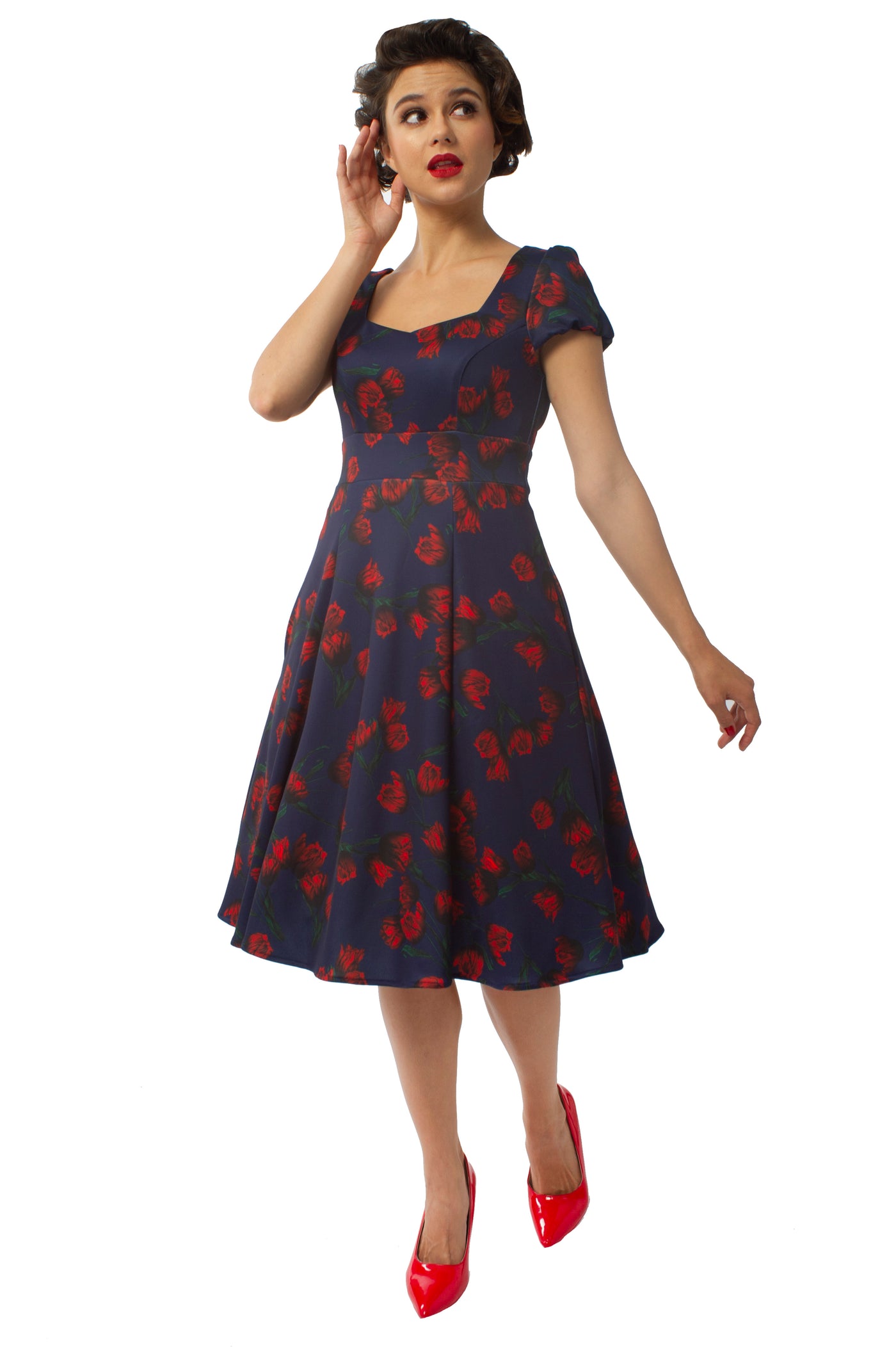 Claudia Fifties Style Vintage Inspired Dress Navy with Red Flowers