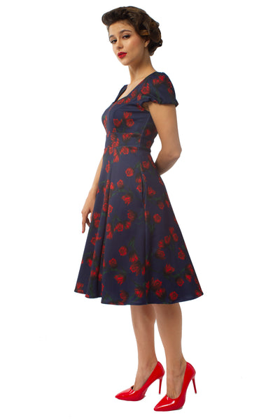 Claudia Fifties Style Vintage Inspired Dress Navy with Red Flowers
