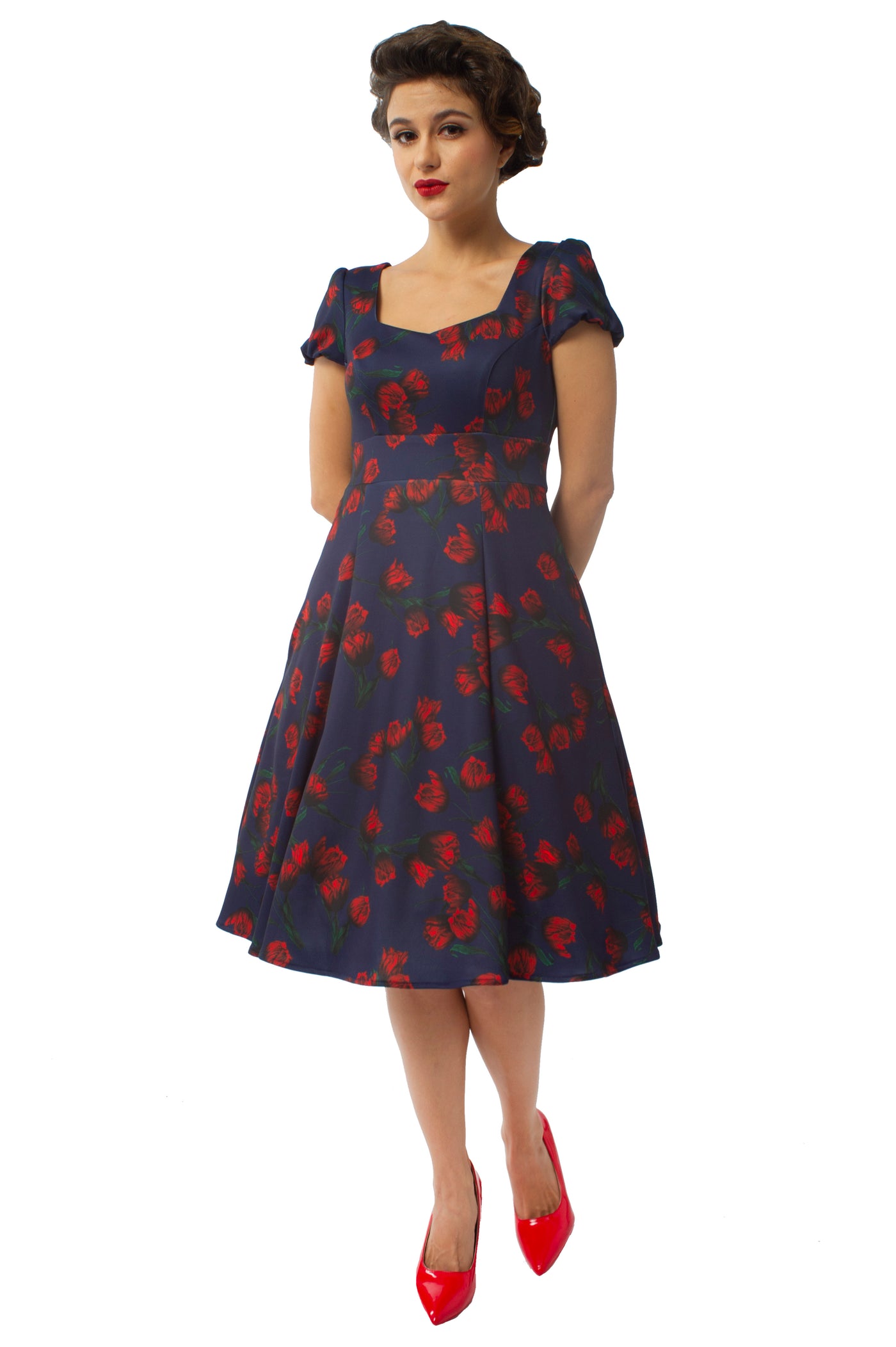 Claudia Fifties Style Vintage Inspired Dress Navy with Red Flowers