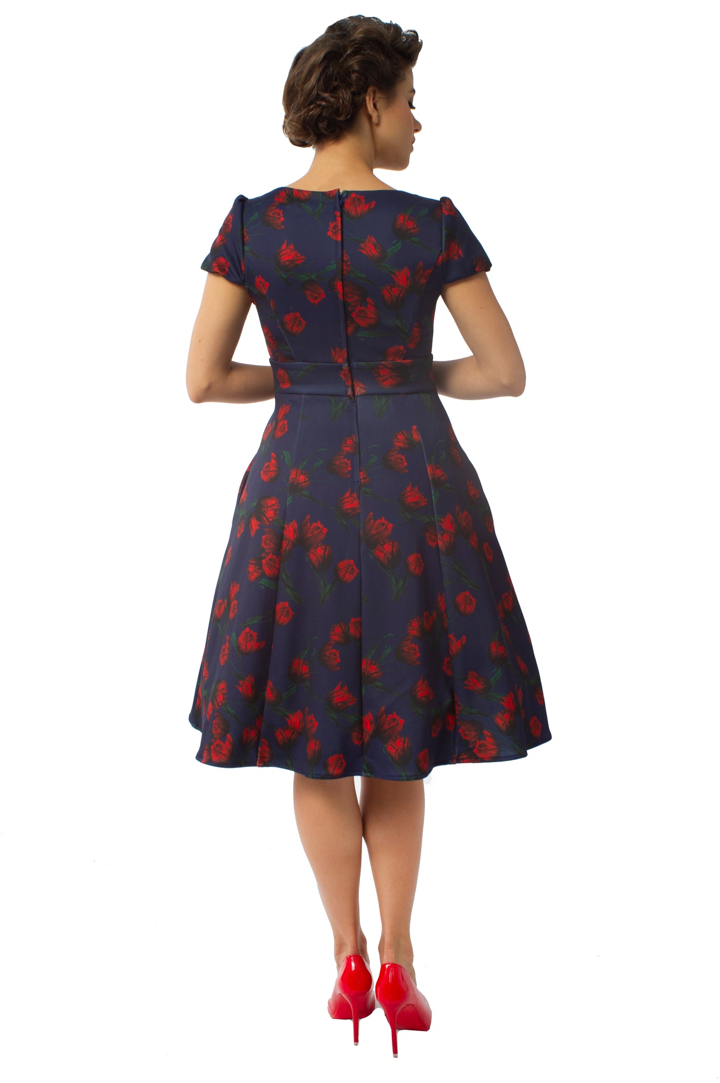 Claudia Fifties Style Vintage Inspired Dress Navy with Red Flowers