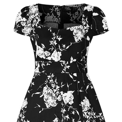 Claudia Swing Dress in Black and White Floral