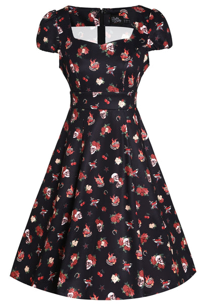 EU Stock-Claudia Rockabilly Skull & Rose Swing Dress