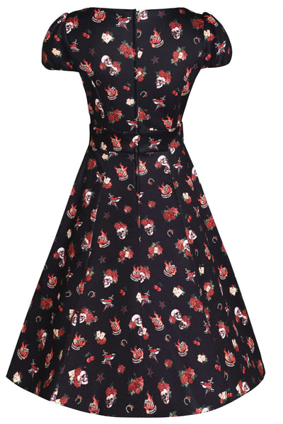 EU Stock-Claudia Rockabilly Skull & Rose Swing Dress