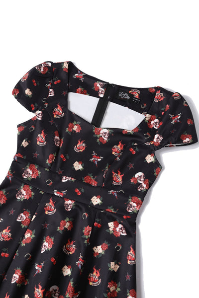 EU Stock-Claudia Rockabilly Skull & Rose Swing Dress