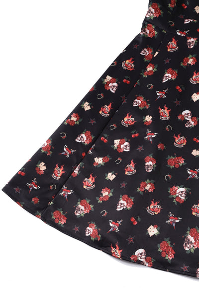 EU Stock-Claudia Rockabilly Skull & Rose Swing Dress