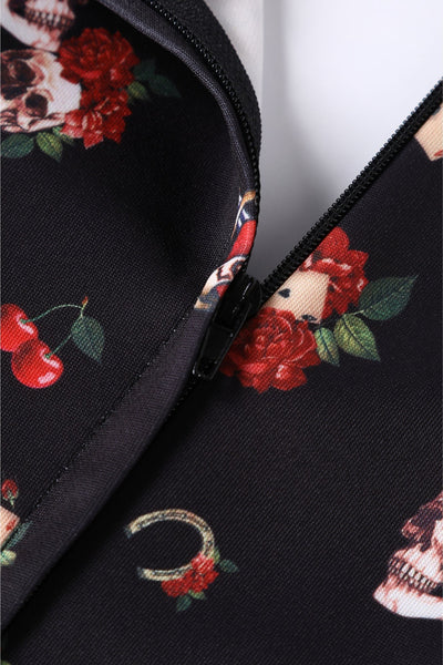 EU Stock-Claudia Rockabilly Skull & Rose Swing Dress