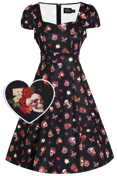 EU Stock-Claudia Rockabilly Skull & Rose Swing Dress