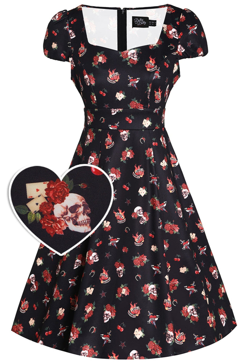 EU Stock-Claudia Rockabilly Skull & Rose Swing Dress