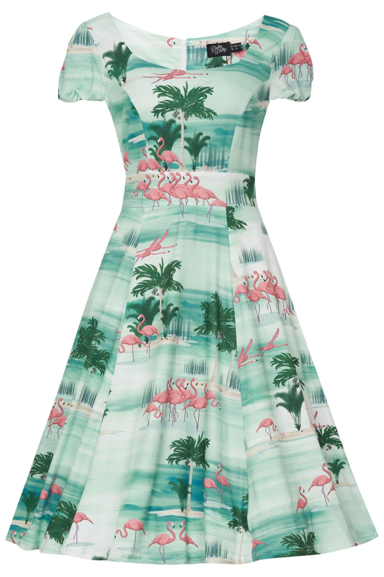 Claudia Flirty Fifties Style Dress in Green Island & Pink Flamingo