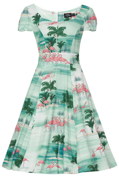 Claudia Flirty Fifties Style Dress in Green Island & Pink Flamingo