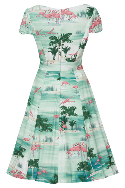 Claudia Flirty Fifties Style Dress in Green Island & Pink Flamingo