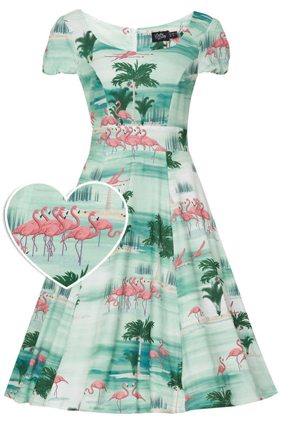 Claudia Flirty Fifties Style Dress in Green Island & Pink Flamingo