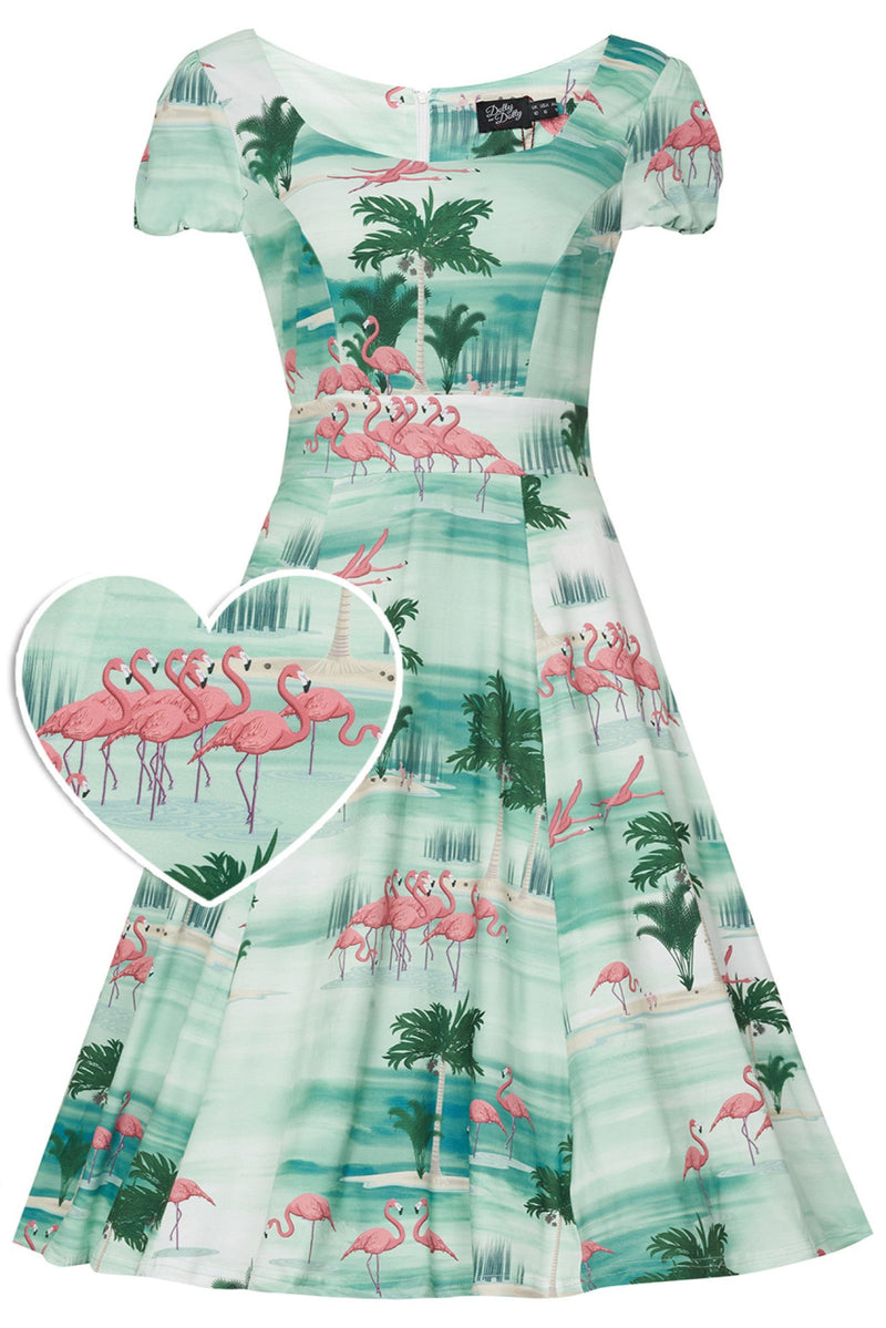 Claudia Flirty Fifties Style Dress in Green Island & Pink Flamingo