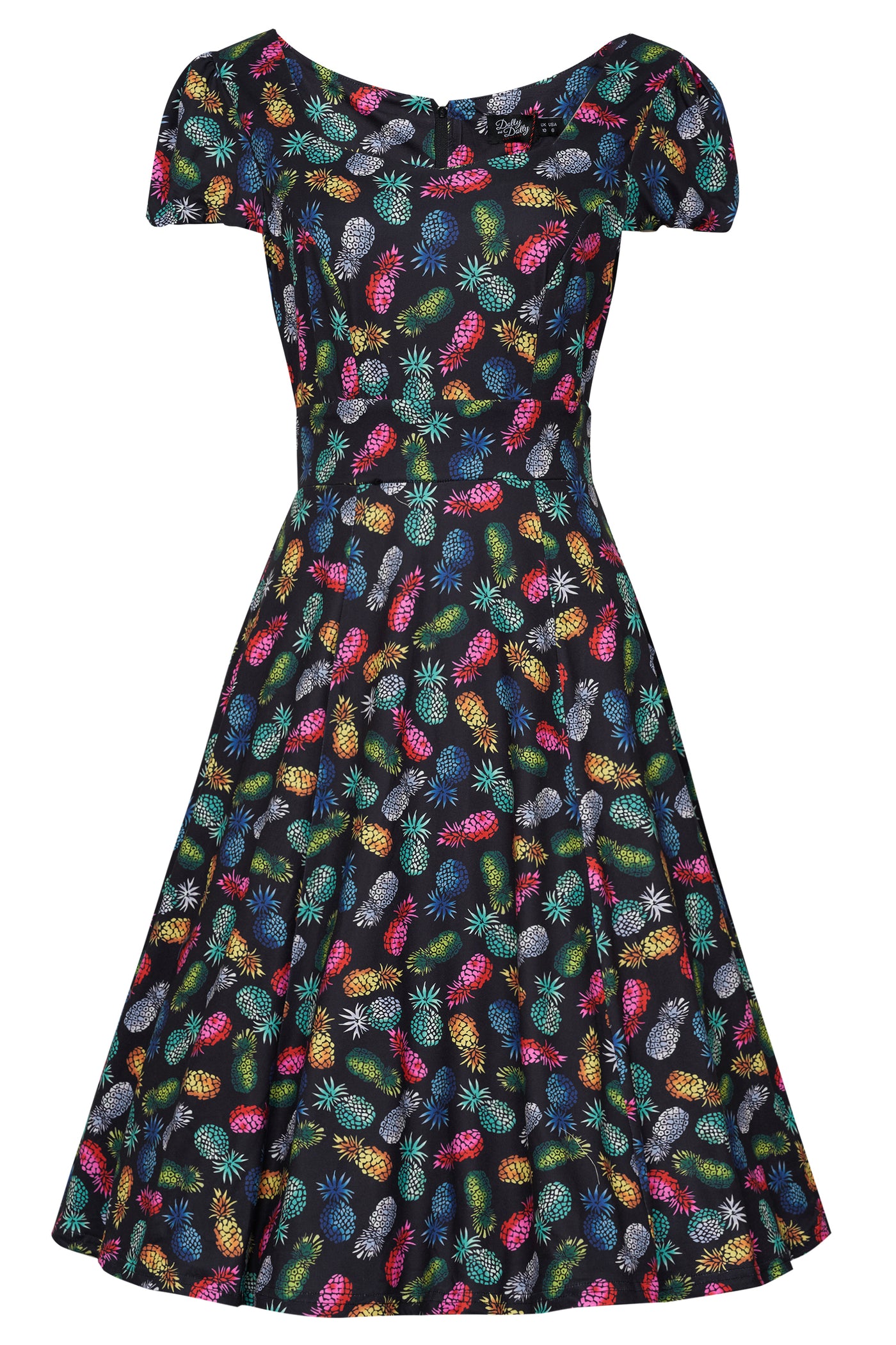 PRE-ORDER Children Claudia Flirty Fifties Style Dress in Black & Colourful Pineapples
