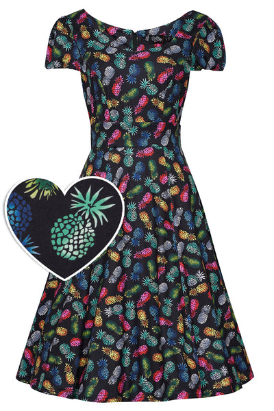 PRE-ORDER Children Claudia Flirty Fifties Style Dress in Black & Colourful Pineapples