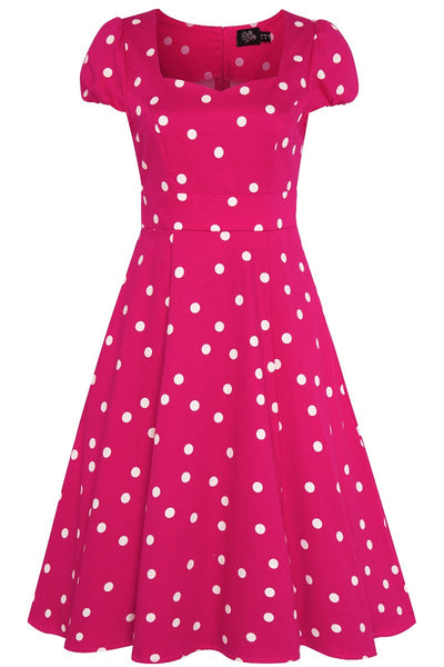 EU STOCK Claudia Flirty Fifties Style Polka Dot Dress In Hot Pink/White