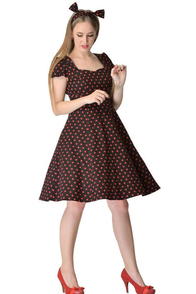 EU STOCK Claudia Flirty Fifties Polka Dot Dress in Black-Red