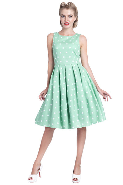 EU Stock-Annie Retro Polka Dot Dress In Pale Light Green/White