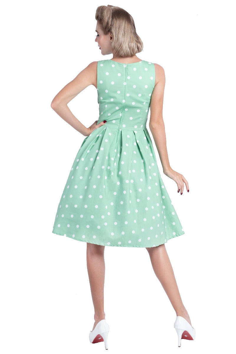 EU Stock-Annie Retro Polka Dot Dress In Pale Light Green/White