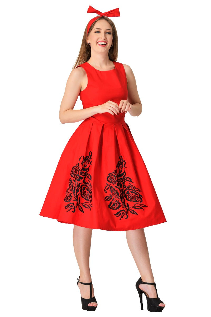 PRE ORDER Annie Embroidered Roses Swing Dress in Red-Black