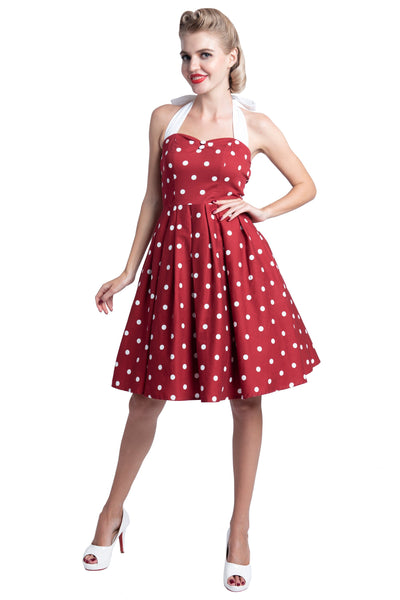 Sophia Rockabilly Halter Neck Swing Dress in Burgundy and White Polka Dot