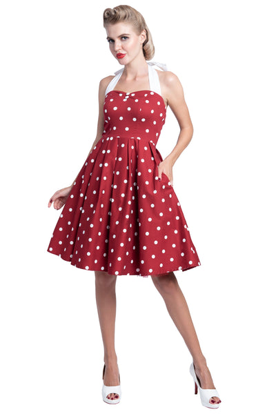 Sophia Rockabilly Halter Neck Swing Dress in Burgundy and White Polka Dot