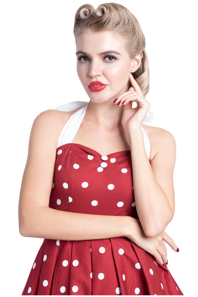 Sophia Rockabilly Halter Neck Swing Dress in Burgundy and White Polka Dot
