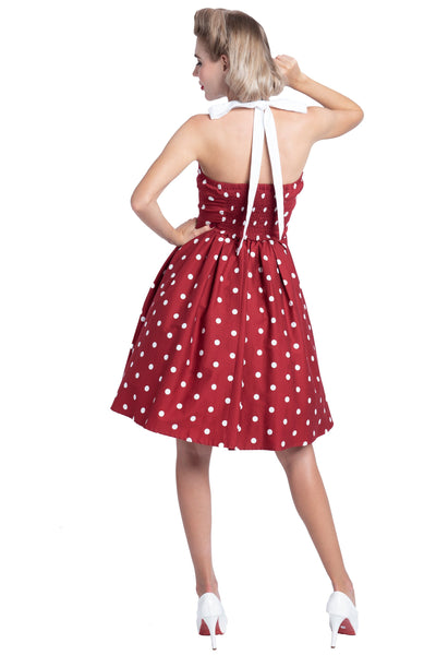 Sophia Rockabilly Halter Neck Swing Dress in Burgundy and White Polka Dot