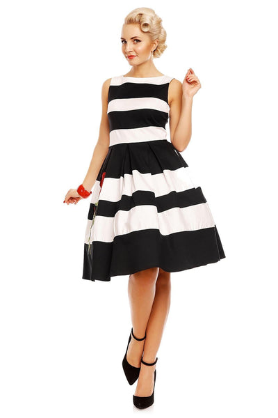 EU STOCK Annie Retro Embroidered Rose Stripe Swing Dress in Black/White