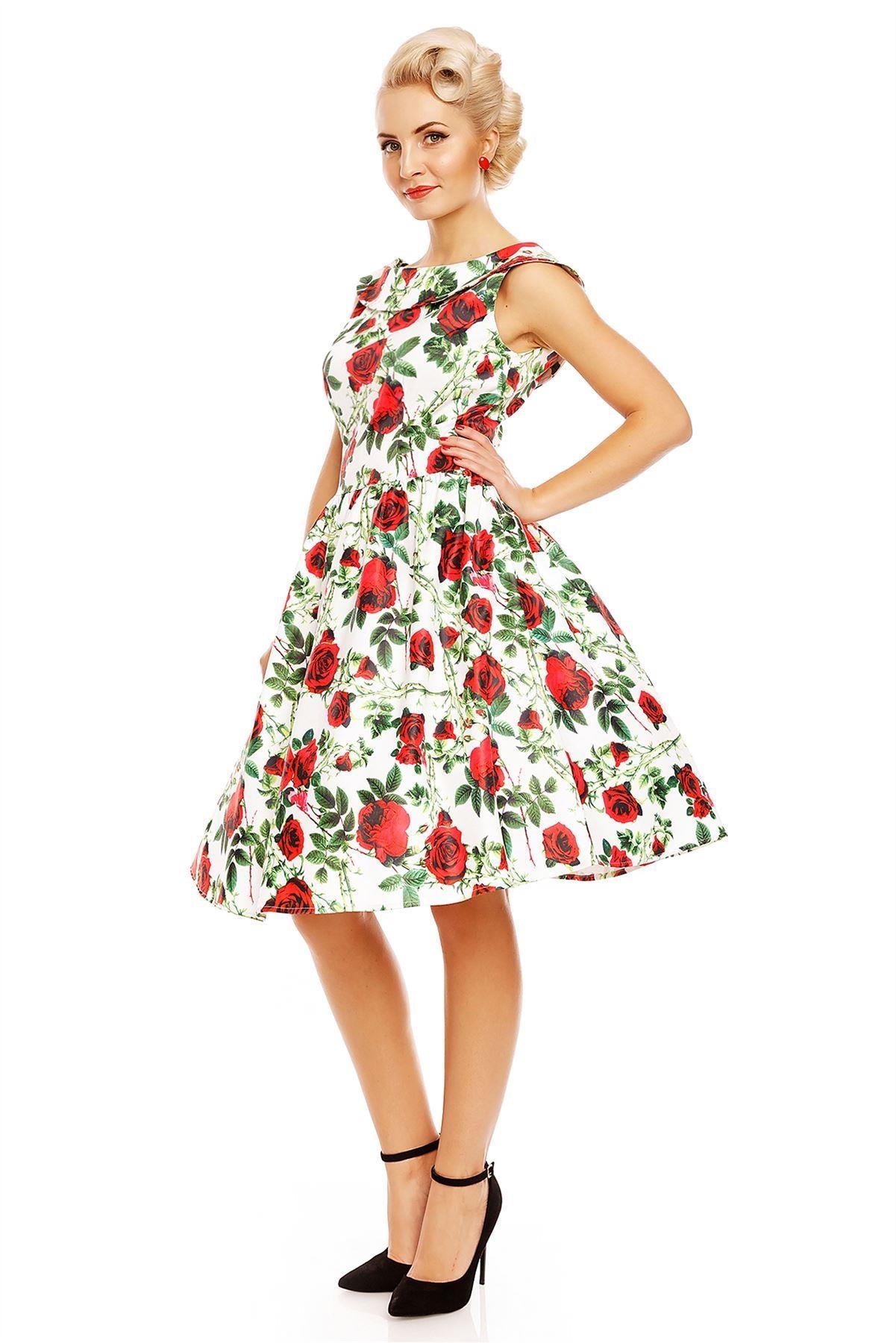 Cindy Roses Floral Dress in White/Red