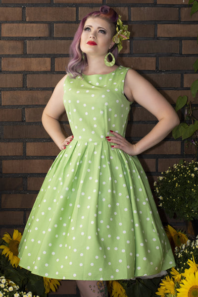 EU Stock-Annie Retro Polka Dot Dress In Pale Light Green/White