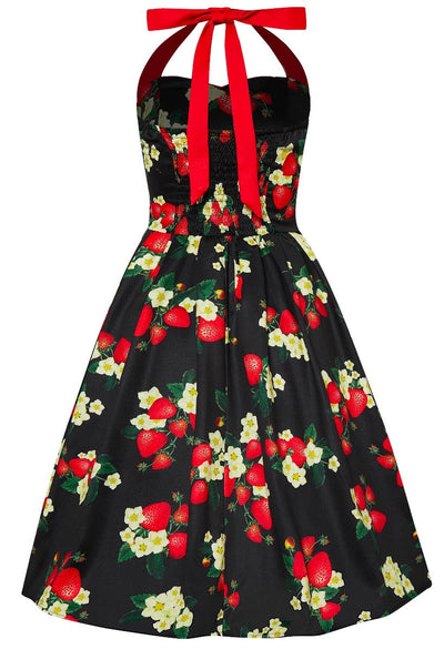 EU STOCK Sophia Rockabilly Halter Neck Swing Strawberry on Black