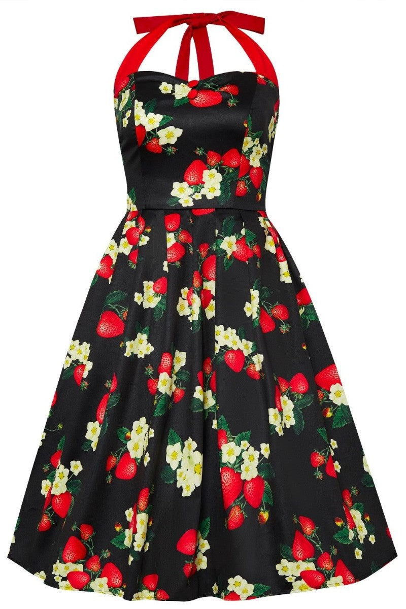 EU STOCK Sophia Rockabilly Halter Neck Swing Strawberry on Black