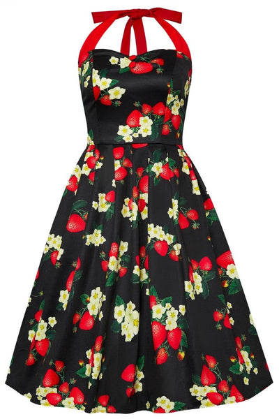 EU STOCK Sophia Rockabilly Halter Neck Swing Strawberry on Black